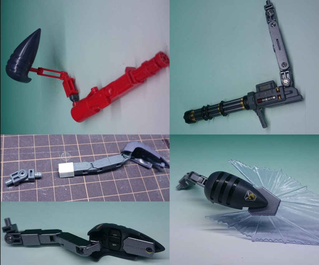 ビームストリングスアームはHGAWガンダムXから移植。作中では紐状のビームが発生しますが、ゾロアットのキットからビームシールドを移植しています(というか流用品なのでそのまま付く) ガトリング付録のガトリングに交換してます。アームはバトルアームから。