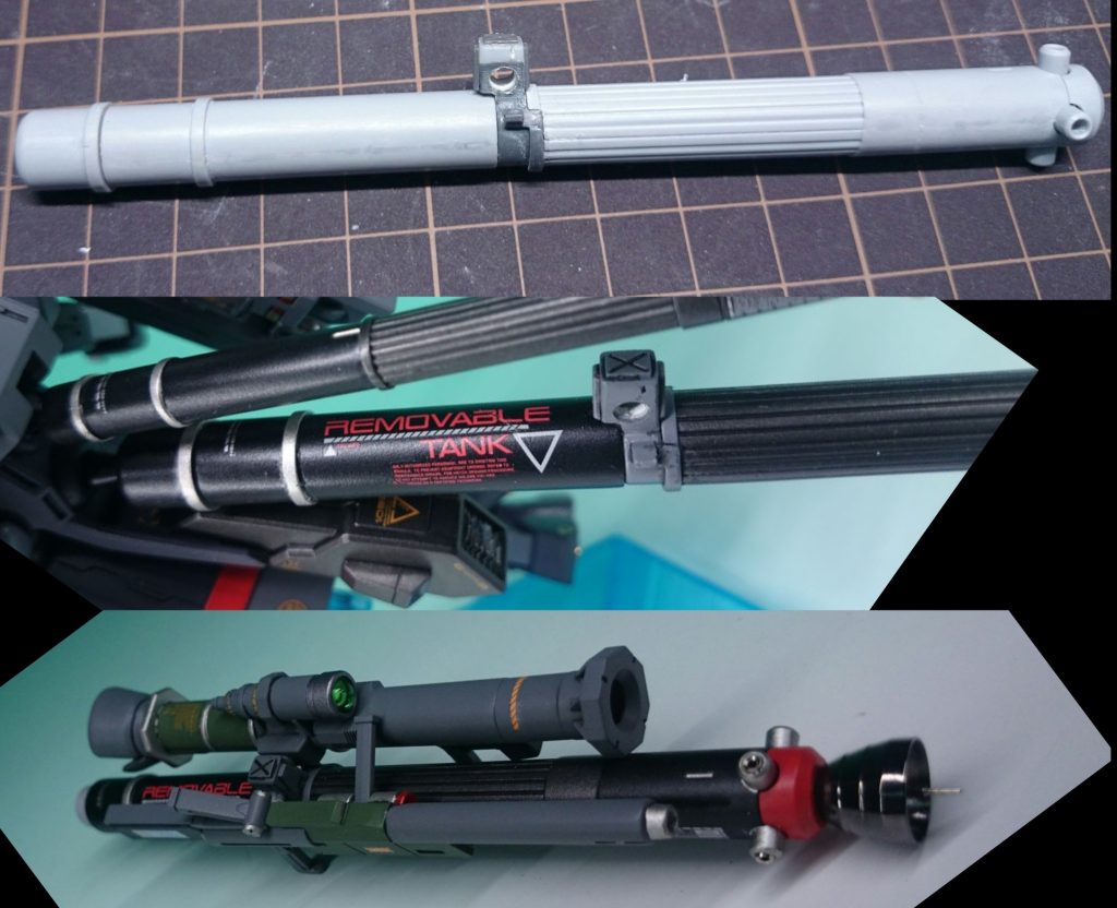 プロペラントタンクビルダーズパーツのタンクです。武器懸架用にジョイントを製作。3mmプラ棒を通して両サイドに武器を取り付け出来ます。今作の肝です。