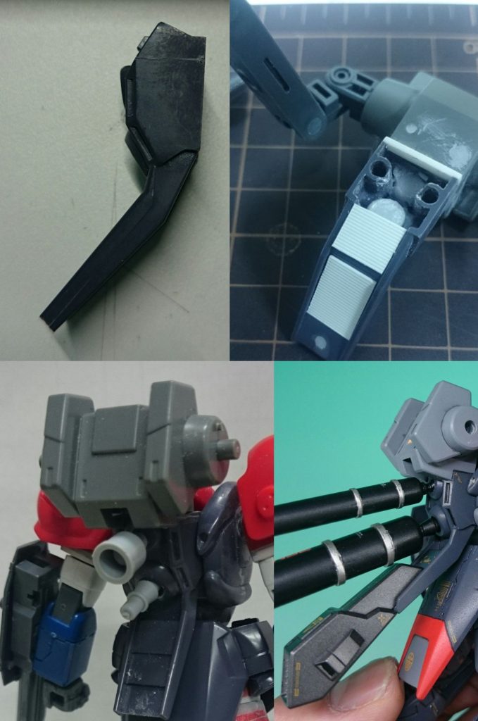 バックパック上部をカットしEZ-SRのパックを移植、ここから武器のアームを接続するため3mm凸軸を落とし中にポリキャップを仕込みました。裏はスジ入りプラ板で蓋しています。本来バーニアが付く位置にプロペラントタンクを移植しています。その下には、EZ-SRからパーツを貼り付け、追加バーニアとしています。