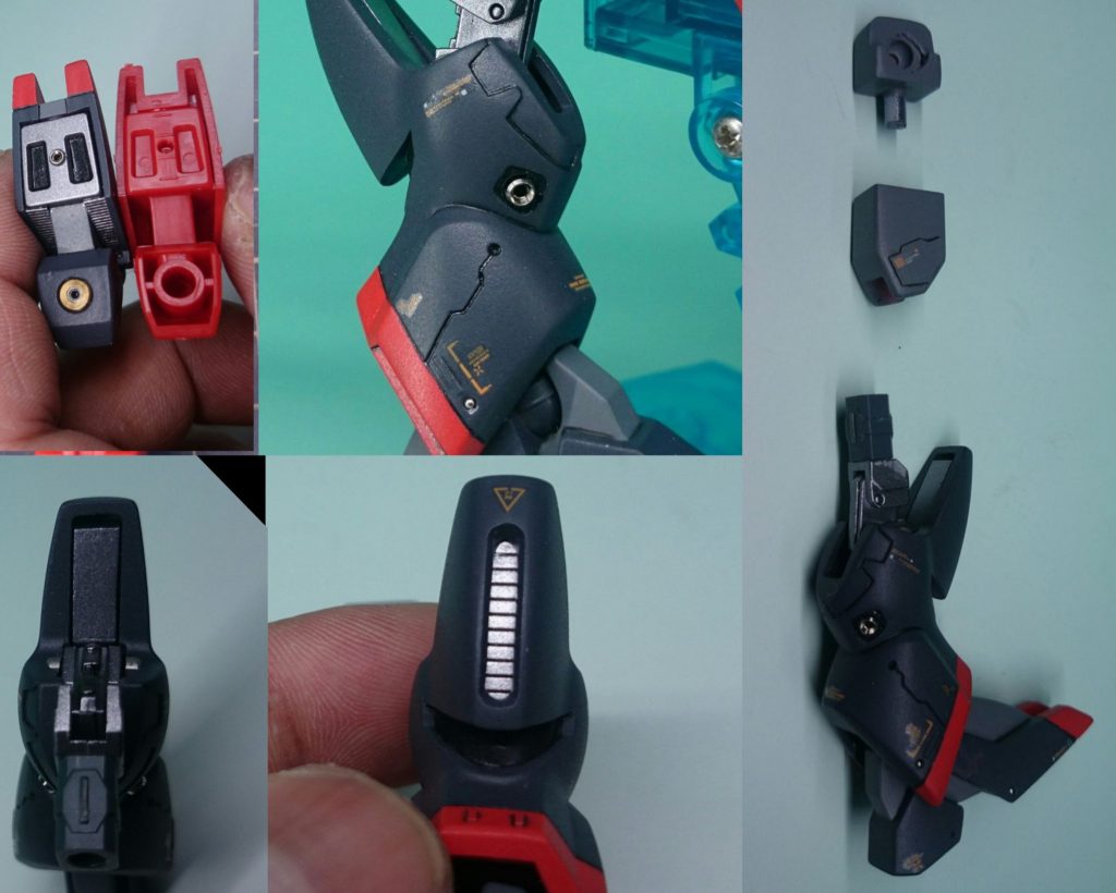 脚部太ももは分割しロール軸の追加。股関節との接続はVフレームのままです。膝関節はコトブキヤのhips関節です。膝のモールドは開口し裏からスジ入プラ板を貼り付け、膝裏側も空洞があるのでプラ板で蓋をしています。足裏は肉抜きをパテ、プラ板で塞いでいます。