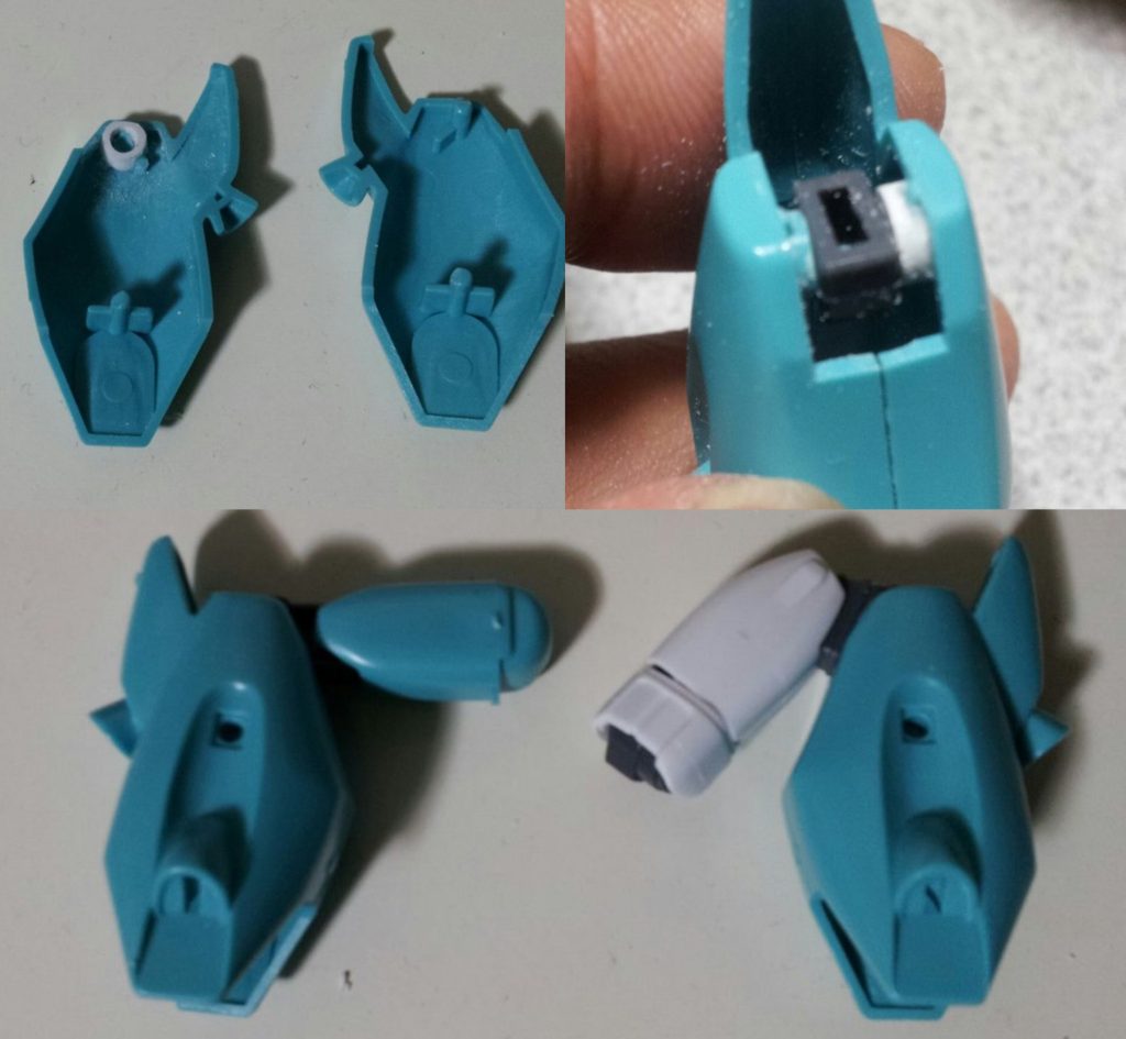 脚部ポリキャップ受けを接着して、F91の膝関節から上までそのまま移植しました。足首の接続はキットのままのポリパーツです。