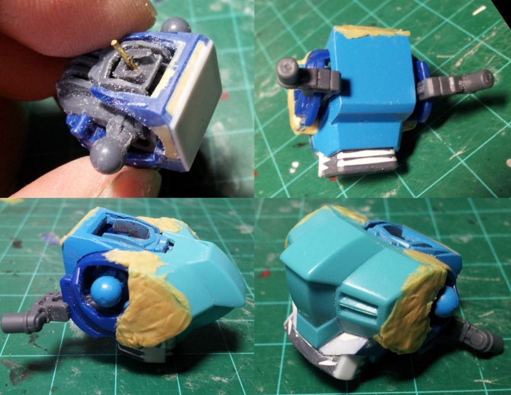 胴体F91からヴェスバーの機構を残しつつ、不要な箇所を切り落として、ジャベリンのパーツを貼り付けて行きました。