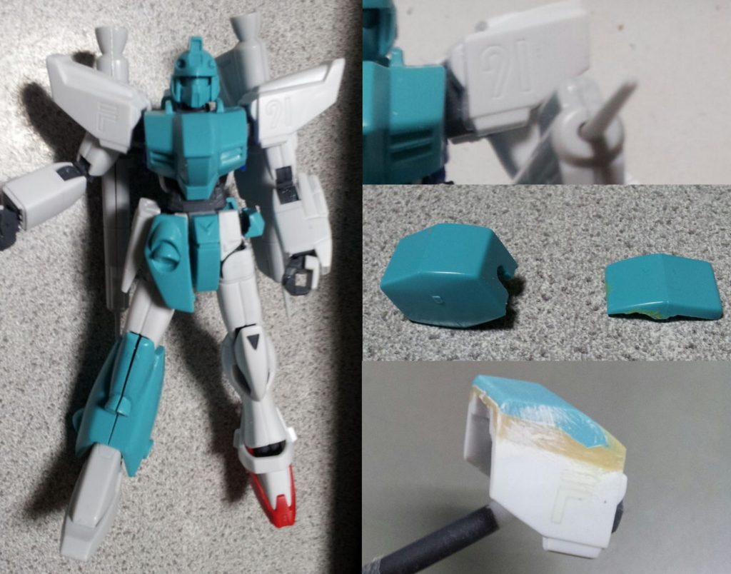 肩アーマージャベリンの肩アーマー上部を分割し、F91肩に被せて移植。 腕部もちろんF91ベースに。二の腕から下はF91のままです。F91左腕腕はビームシールド用に形状が異なる為、両方ともF91の右腕を使用しています。