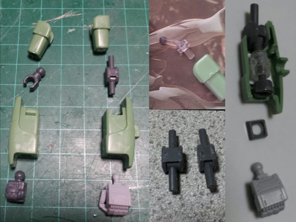 腕部肘にコトブキヤのWジョイントを移植、そのままでは幅が広すぎたので狭めて使用しました。Wジョイントの受けとしてホビーベースの関節技関係の部品を組み合わせています。