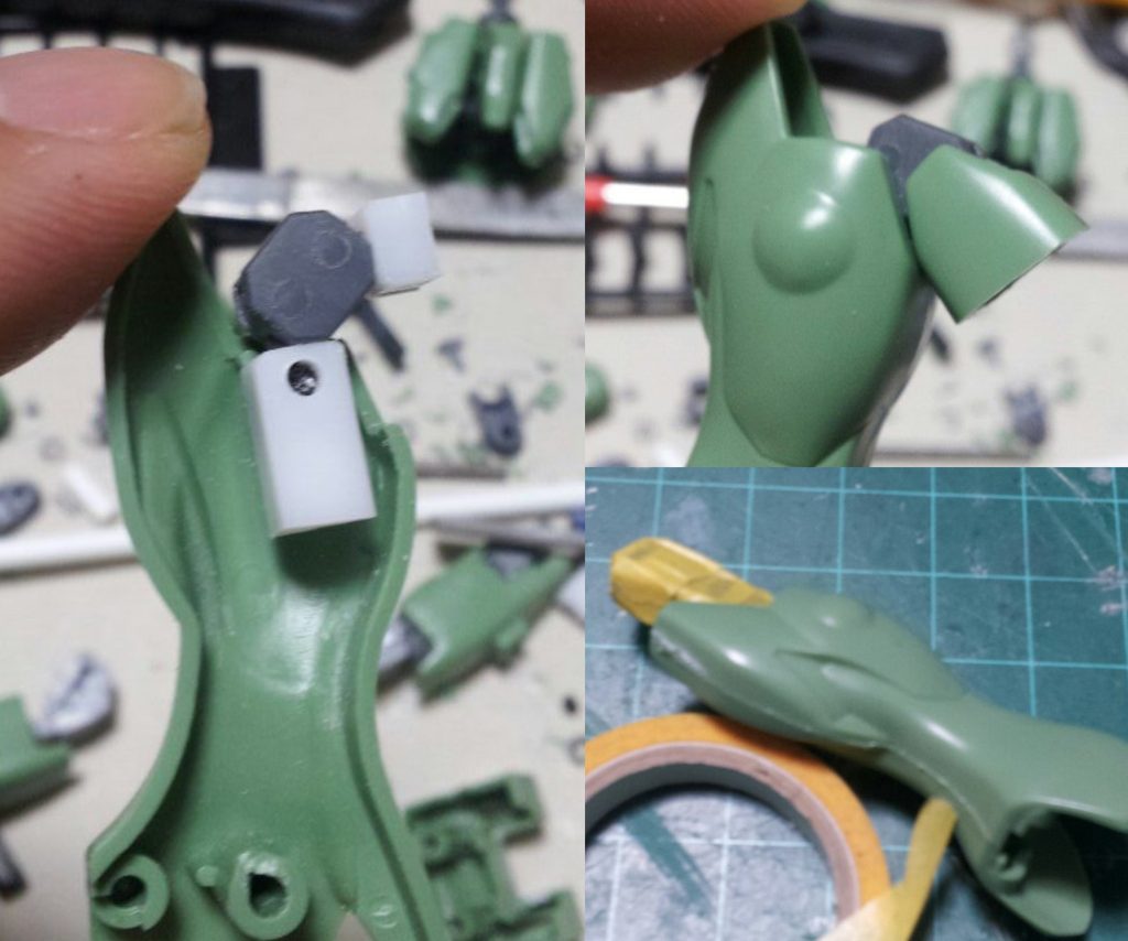 脚部膝関節もコトブキヤWジョイント。受けを作り移植しました。後ハメ出来ない構造にしてしまったので、先に関節を塗装してマスキングしてから脚部を接着しています。