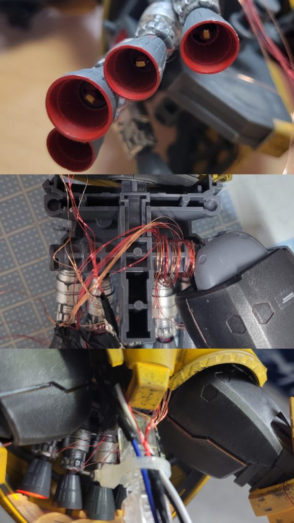 配線はこんな感じです。アクションベースを通して下に電池ボックスがあります。鬼の形相ではんだ付けしました。単3電池2本で光ります。よく分かんないけど、なんか光った!(ニュータイプのおと)