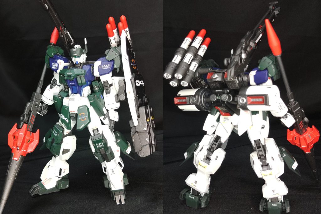 アサルトシルエット全体図です。バックパックは突撃による加速力を高く維持するため、大型のプロペラントタンクと大型スラスターを装備している。