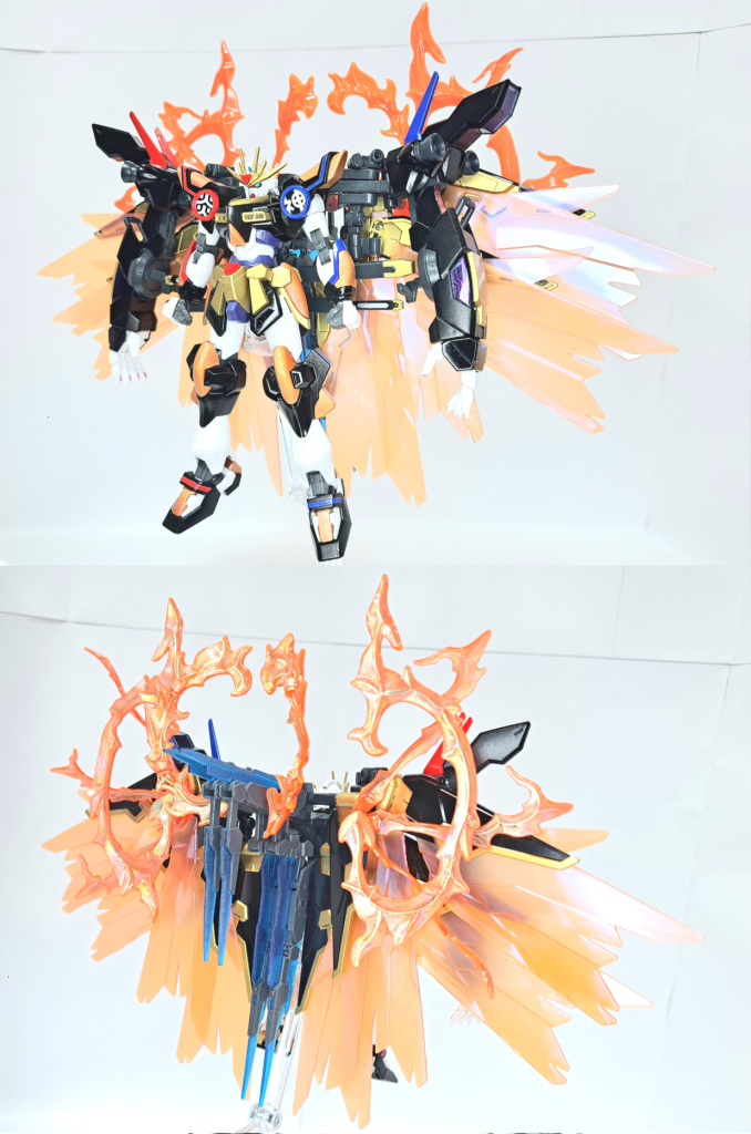 ウイングバーニング極炎の形猛攻の形の機動力と猛威の形の防御力に加え攻撃力も向上する万能モード。アシムレイト状態となった時のみ発動可能。この形態の特性を存分に発揮させるため、主に格闘で戦う。