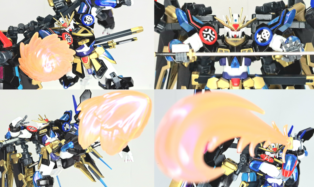 格闘手足を用いて繰り出す徒手空拳。炎のエネルギーを纏わせて繰り出す事が可能。三輝一文字(太刀)セカイが編み出した神樹ガンプラ流拳法から取り入れられた二振りの大型の刀剣。その太刀筋はビームすら切り裂く鋭さで、強靭な刀身は炎のエネルギーを放つ事が可能。非使用時には腰部リアアーマーにマウントしている鞘に納刀される。   神樹無双剣ウイングバーニング4基とバックパックにマウントした武装類。師匠が多彩の武器を扱える事を知り自らも究める為、レッドフレームレッドドラゴンを参考し追加した。 多様な武器への変化とビットとしての遠隔操作により戦術の幅が拡がった。本機の各クリアパーツと同様クリアの刀身に粒子を流すことで、取り付けた状態の場合ウイングバーニングの機能が底上げされ、武器として使う場合武器に粒子を纏わせ攻撃力を上げる。