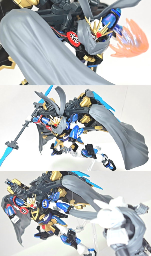 耐ビームコーティングマント&マフラービーム耐性のある着脱式布製マントで、吹雪や砂嵐など荒れたフィールドでの戦闘でも使われる。だが追加した理由の半分は、セカイの師匠と強い縁があるという銀髪の中老ファイターが魅せた布を使う戦闘術を身に付ける為で、首のマフラーもそれが理由。マントを左右に取り付けている間、黒之剛腕は本機に随伴。