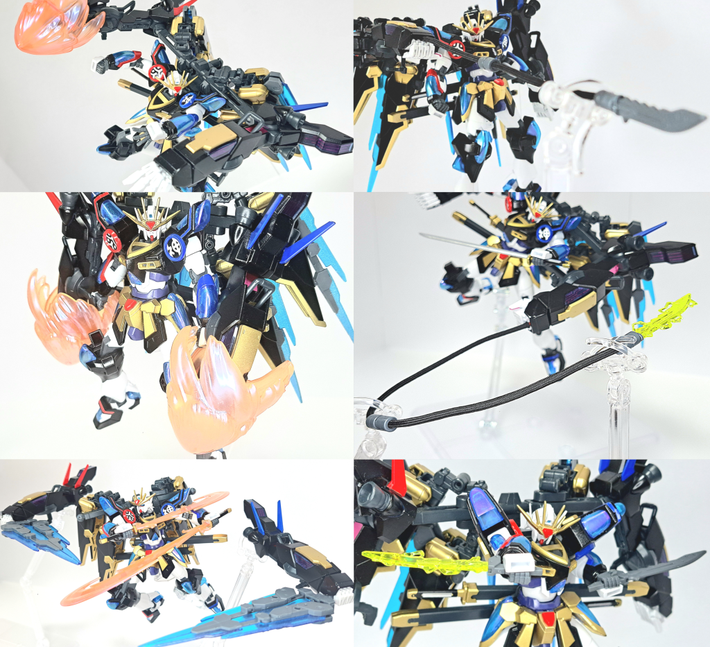 黒之剛腕新たに追加した巨大マニピュレーター。アシムレイトによって文字通り手足のように動かし、アシムレイトの応用で本機体の腕の動きと同期し技を繰り出すことが可能。指先がビーム砲になっている。肩となる部分にブースターが付いており大型ビットとして操作、以前のウイニングナックルのように拳に装備し既存の威力を上昇できる。雷刀鞭黒之剛腕の手の甲から発射される短刀型ハーケン。物体に突き刺すことは勿論のこと鞭の要領で敵機を切り裂く。電流を流すことができ、二つの鞭を纏め一体化することで威力が増す。刃の部分を外しナイフとして使える。