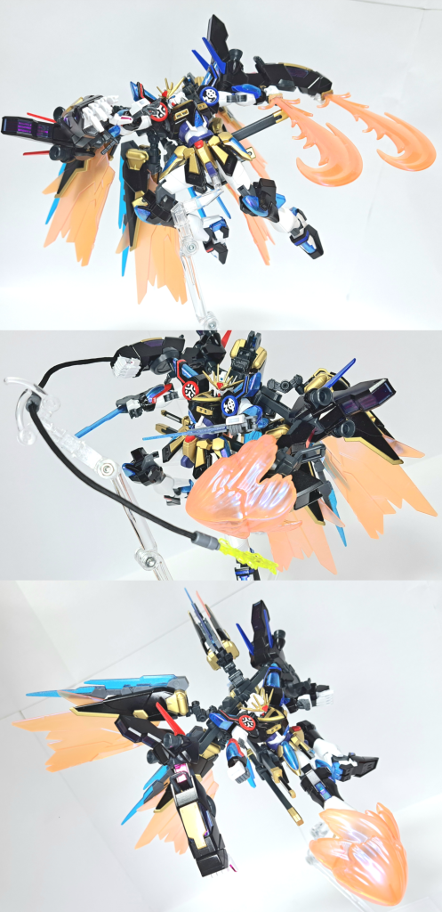 ウイングバーニング猛攻の形ユニットのスリットからエネルギーを放出し炎の翼を形成した攻撃モード。新たに追加したウイングバーニング2基と武器のクリアパーツによって元の攻の形よりも機体速度が著しく向上する。