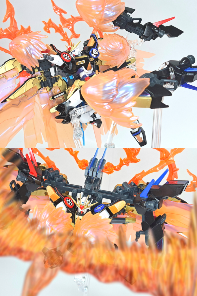 神樹ガンプラ流奥義 修羅紅連撃粒子の炎を纏った本機体と黒之剛腕による格闘の連続攻撃。互いの攻撃と次の攻撃の僅かな隙を埋めるように攻撃を叩き込む。極炎の形及びアシムレイト時のみ繰り出せるが、かなりの集中力を要する為負担は軽くない。神樹ガンプラ流奥義 鳳凰覇王拳放出される粒子の炎が前方に突き出された両腕に全て収束し、火の鳥となって打ち出され相手に襲い掛かる。中・遠距離の敵機に対して攻撃できる数少ない技の一つ。黒乃剛腕でも放つことが可能。    ↓   おまけ ↓