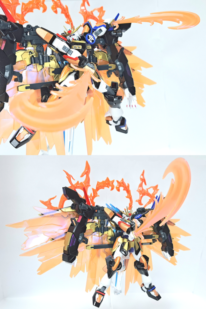 神樹ガンプラ流奥義 双炎舞二振りの太刀を使った必殺技。炎の太刀で敵機を焼き切り刻む。神樹ガンプラ流奥義 炎王斬一本の太刀を使った必殺技。天高く振りかざした太刀に炎を纏わせ、振り払うと同時に地を走る炎の斬撃を相手に見舞う。