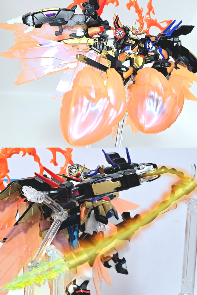 神樹ガンプラ流奥義 彗星反転蹴り次元覇王流聖槍蹴りの反転蹴りver。一撃目の蹴りの反動で空中で反転し、もう片方の脚で蹴る技。神樹ガンプラ流奥義 炎雷旋風鞭雷刀鞭に電流と粒子の炎を纏わせ巨大な竜巻を起こし、鞭を一つに纏めた状態でトドメを刺す必殺技。同時に複数の敵機を捲き込み攻撃できる。過去にラルさんが編み出した技を参考にした。