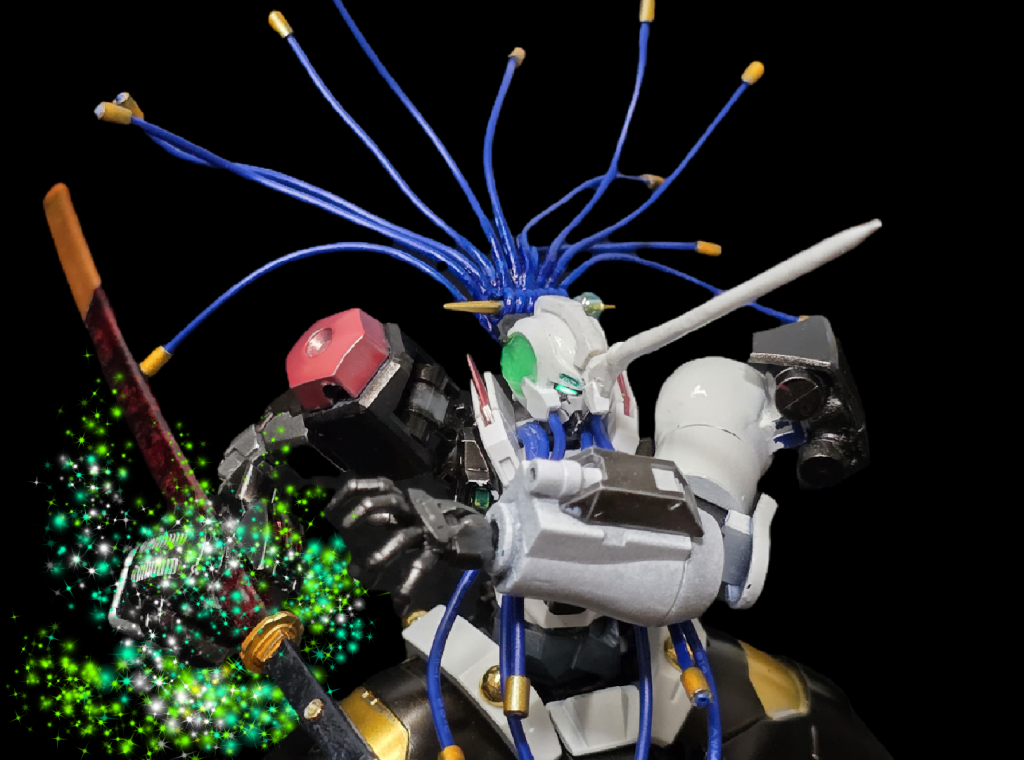 最後にGN粒子を圧縮している所をパシャリ。以上、ガンダム一鬼でした!脚も角も何度も折れるし、塗装の腕も一向に上がりませんが、楽しいので良しとします!最後まで見て頂きありがとうございました!(zaku-kao5)