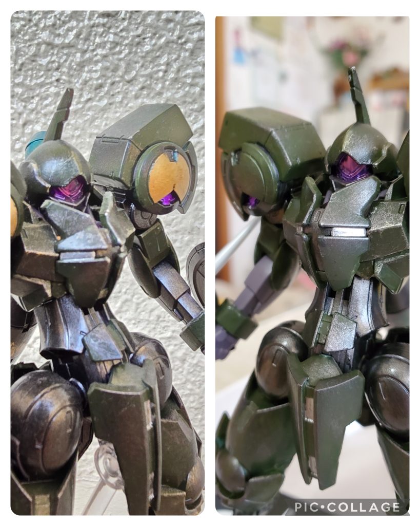 最初の案との比較。肩の塗り分けですね。ゴールドを入れるか否か…？かなり迷いましたが、ゴールド入を採用しました(zaku-kao6)