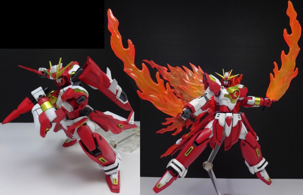 今回の新規制作化に当たり新たな要素がもう少し欲しいねぇ、と思って追加の専用装備を制作。短剣(クナイ)型の「紅炎」となります。物語的には強化前の中盤期からの追加なのでこの形態からというわけではなかったり。通常時は赤い刃を持つヒート系の機能も持った実体刃の短剣、高出力モードでは炎状になった粒子ビームを纏ったビーム・ソードとなります。この装備は当機のパイロットさんにとっては複雑な感情を抱きざるを得ない装備という背景もありますが割愛。炎の刀剣ってかっこいいよね、という考え(憧れ)のもと加えました。あこがれは止められねえんだ。二本の短剣としてだけでなく、トップ画像のように柄尻をつなげた両剣形態にもなります。