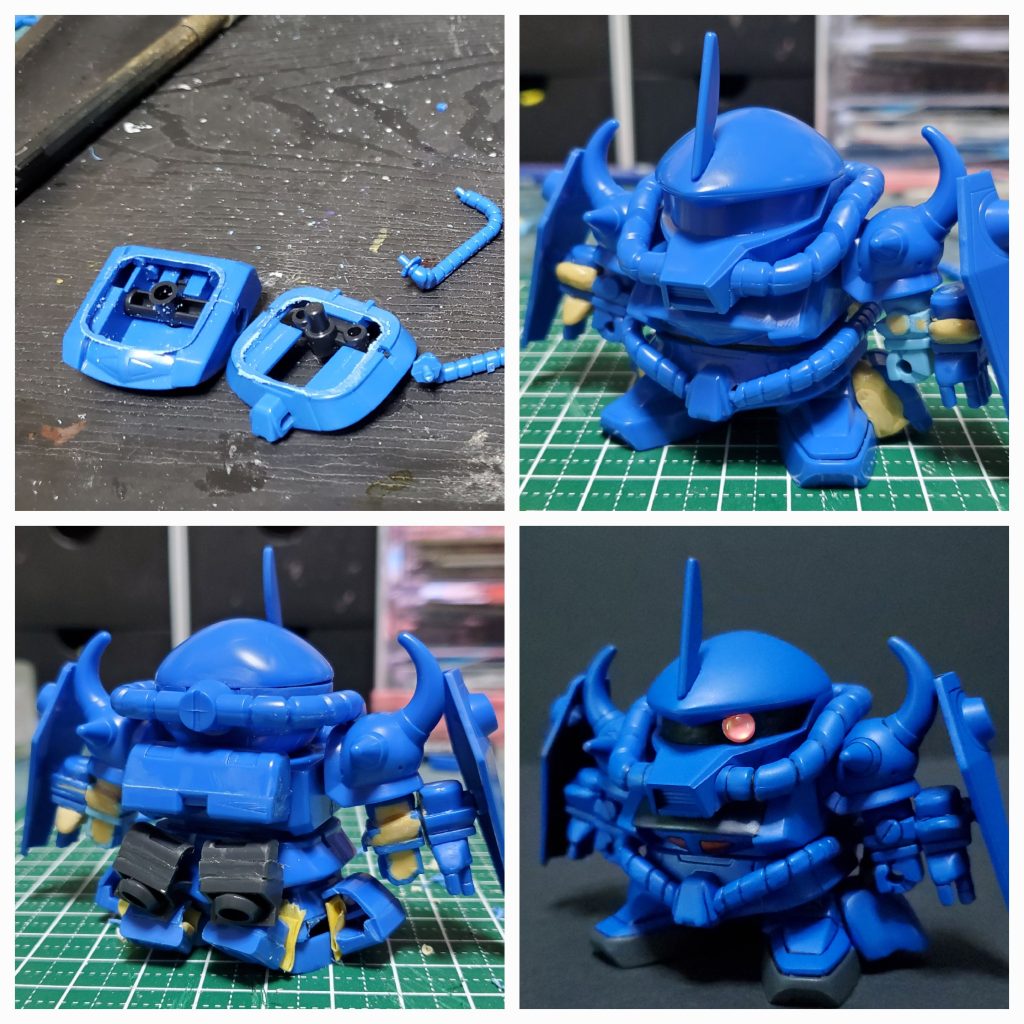 弄くった箇所。パテと丸モールド(ブースター部分 完成品背部参照)以外はGジェネキットのグフとグフカスタムを使用しています。