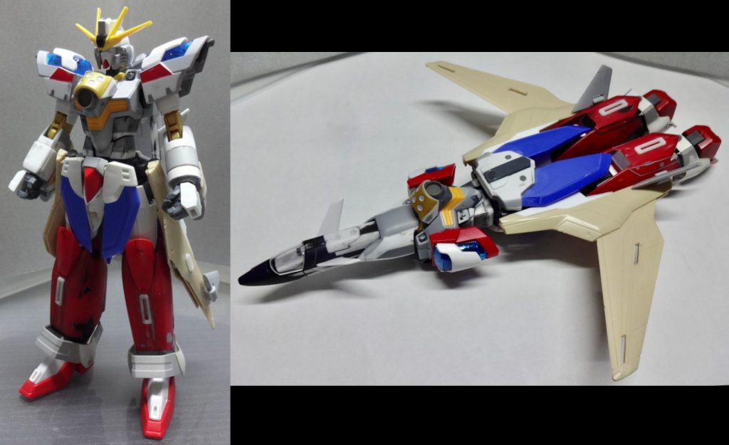 今回の構成頭部:HGFCゴッドを元に、アンテナを昔からの仕様(好みの形状)として旧HGインパルス(今回はソード)、ヘルメットは分割ラインを変更胸部:HGUCクロスボーンX-0の胸部(胸部ダクトはX1)に武者號斗丸の胸部パーツを設置。腹部は少し形状変更し、腰との接続面を2mm嵩上げ腕:肩はクロボン肩にトラバ肩をくっつけて制作、腕のフレーム肘まではHGCEストフリを使用、前腕にロール追加、左前腕はパイプなどから自作、可動袖はトラバの前腕を加工したものを形状変更、袖部分はトライバーニングの前腕を改造腰:フレームはイモータルジャスティス、腰アーマーに前後をHGゴッド、横はHG YF-19、その他諸々脚部:カミキバーニングの付け根から膝、そこから下は自作フレームにマクロス7の1/144シリーズよりVF-19改とHGゴッドの踝アーマー。足首関節はライジングフリーダム、足はHGAWエアマスター、つま先で踏ん張る可動ができるよう可動域拡大加工背中:基礎部品にパワードアームズパワーダー、首にかぶさる根本のパーツは自作。機首にほぼMGクロスボーンのコア・ファイターを使用。女性っぽい狭い肩幅を表現するため宇宙世紀の小型MS系を使いましたが、戦闘機形態での細いシルエットを出す上でも一役買ってます。作ってる最中はまとめ方なんかもあり、戦闘機形態がファイバードのファイヤージェット形態をイメージするようになってました。脚部は最終的に接続軸周りの見栄えが悪いということで内部にフレームを新造するという遠回りでしたが、納得いくものにはなりました。ところでファイヤーバルキリーのジャンク、すでに接着されていましたが、誰だ接着したの(昔の自分)。そんな感じで分割線変更も兼ねた切り離しがなかなか苦戦しました。