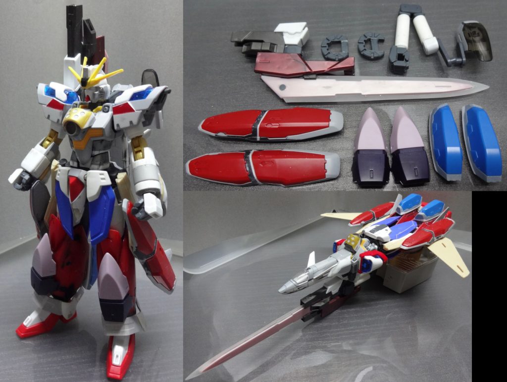 武装類其の一の追加パック類。陽炎:GNソードⅢ(トランザムライザー版、刃は透明レジンで複製)とスカルウェポンの余りになるグリップを組み合わせたもの、グリップは一つは無改造、もう一つはバスキーロットの手に合わせて改造エフェクト:収納時の両剣モードの刃は加工したランナーを整形、展開モード時はライザーソード(1/144と1/100)アーム:可動部はパワードアームズパワーダーや30MMのオプション、円柱はプラ棒、手は30MMバスキーロットセンサー:ブレイディフォックスの頭部パーツをデコ脛装甲:ミサイル類:バインダー→HG YF-29、ふくらはぎ→1/72ジークフリード用スーパーパーツから拝借今回の追加装備は、主役機コンに出そうと思っていたもののもう一つの装備と合わせてたらこりゃムリだと開き直って、新たに追加したものです。実際そのままではプレイバリュー的にも少ないし、シャイニングブレイクみたいなベース機コンセプトぶち壊しも面白そうだなぁ、というのもありました。陽炎はアーマード・コアシリーズの影響で折りたたみ砲身のキャノンを担がせたいという欲があり、色々お試した結果GNソードⅢを採用(ちょうどHGダブルオーライザー+GNソードⅢも入手)。ムラマサ・ブラスターかクジャクいずれか二個目があったらそっちを使いたかった〜。巨大ビーム・ソードエフェクトはライザーソードエフェクトを使ってますが、1/144サイズが通常のビーム刃としてはともかく大出力としては迫力がないので、1/100サイズのものをいじってつけれるようにしてみました。両剣時の根本パーツはビルドバーニング系に付属するバーニングエフェクトのランナーをヘアアイロンで板状に加工したものがベースになっています。エフェクトの途中画像?…攝り忘れました☆