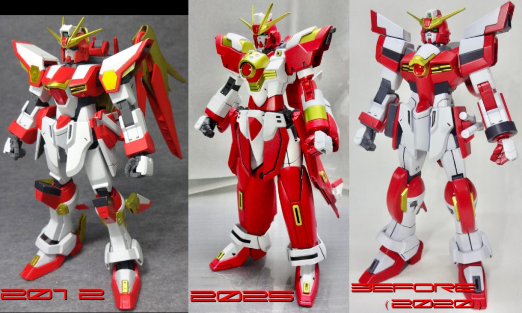 オオトリさんの今昔。現在でスメラギ形態はver.3.0になるかと思うのですが、ver.2時代とかなり変わりました。前が2012年、13年越しのリニューアルだったのか…。当時は体型的に良くも悪くも「一般的なガンダムの体型」を踏襲したものでしたが、今回はZやバルキリー系などの脚に厚みがある可変機も要素に入れていることや、直線的なデザインからやや曲線的なデザインでまとめてみたこと、変形の都合とはいえ実体の翼ユニットをなくしたのも大きな変化ポイントですね。強化前は曲線的にしながらもスメラギver.2を踏襲したイメージだったので、今回のスメラギはいい感じにイメチェンできたかと思います。実を言ってしまうと、強化前のデザインは「明らかに地味でそこそこ強そう」が狙い目でもあったため割と計算通りにできたものであったりします。今回は完全リニューアルということで以前よりも洗練されたものにできた、かなぁ?ま、火の鳥シリーズの一つとしてまた1つ作れたことに一安心。とにかく詰め込みたいものをひとまずは詰めました。それと撮影環境も新たに自作撮影ボックスを作って行いました。「こんなもんか?」と作った感じですがいい感じ。でもこの子の力はこんなもんじゃない。本体にトライバーニングのパーツをあちらこちらに使ってるならあの形態も、それに実体の翼ユニットも付けたい。ということで残るもう一つの装備形態があります。が、今燃え尽き状態かつ一部機構で行き詰まってるので、ちょっとリフレッシュに別作品挟むかも。シェンフー&コルドゥンの拡張セットが先かな(必要な写真があと1枚?)?それと撮影中に腰前左のスカートのボール部分と左前腕の袖を付けてる軸が破損、修理が必要だ…。ここまで見てくださり、ありがとうございます&お疲れ様でした。次の作品にて、またよろしく〜。(・∀・)ノシ