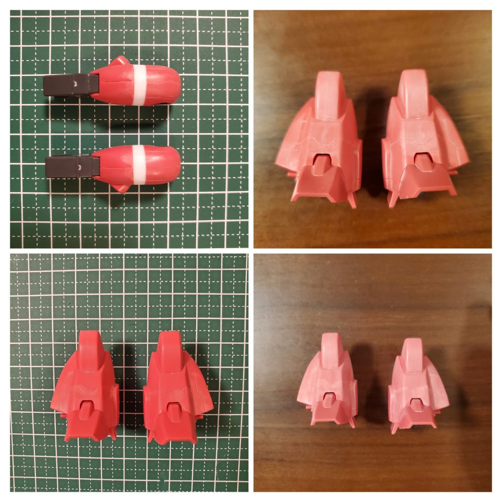 左上 股を切断、プラ板で3.6mm延長右腕 モールド追加失敗→初のランナーパテでスジボリをかくし、紙ヤスリで整えました。ランナーパテムズすぎる右下 ランナーパテ研磨後左下 モールド追加再度堀直し