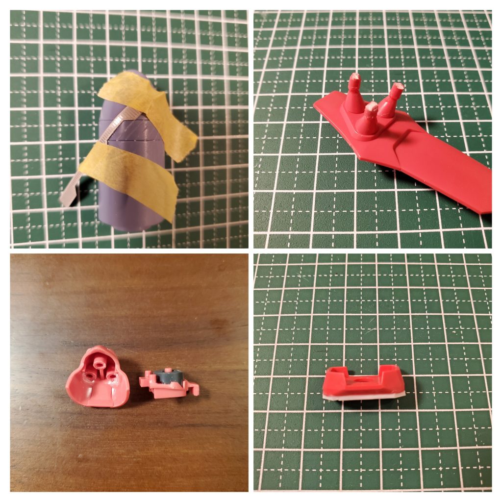 左上 なんだかつるっとしたタンクに初のエッチングガイドを購入しモールド追加右上 盾のとげにランナーを接着し、尖ったとげに改修左下 顔の上下幅を短縮し悪そうな顔に右下 お腹に1.2mmプラ板をいれ延長(あんまり見えない場所だからと手抜き改修しましたが、めっちゃみえました…手抜きだめですね)