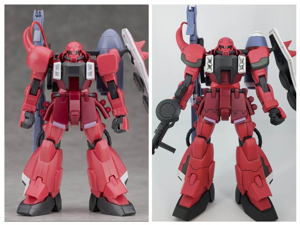 全体の目立つ合わせ目を消したあとにモールド堀直し、肩、スカート、足はモールド追加(エッチングガイドを主に使用)右手のモールドはフリーハンドでスジボリ追加しましたが、意外とうまくいきました。塗装レシピ(全て筆塗り)シールド裏:水性ホビーグレーグリーン肩、腕、足 のグレー部分:水性ホビー軍艦色2全体のピンクの部分:水性ホビールナマリアピンクでウィザード:水性ホビーのホワイト、あずき色、黒鉄色スミイレ後に、缶スプレーでモノアイ周りのみトップコート光沢、それ以外をトップコートつや消し仕上げ