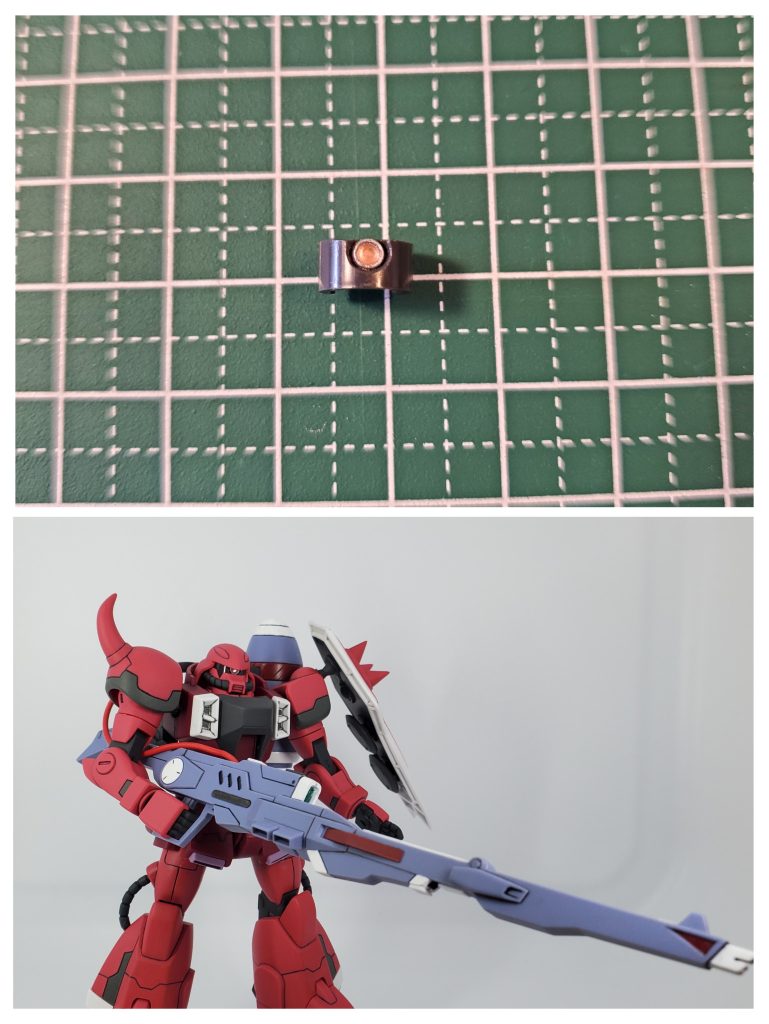 モノアイを初のhアイズ化、枠はバーニアフラット3.0mmをシルバーに塗装して、裏にラピーテープを張り付け多少削り込みhアイズ2.0mm埋め込みましたが…接着するときに接着剤でシルバーが溶けました…当たり前のことになぜきづかないのか…まああんまり目立たんからよしとしよう。ウィザードはまさかのabs製、合わせめけしのため、abs接着剤を購入しましたが、乾燥が早すぎてうまくいかず(というかこの接着剤は使いきらない)瞬間接着剤で合わせ目をごまかし、目立つ箇所にプラ板を張ってみたら、なんだがディテール追加でいいかんじに。