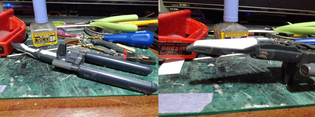 ・・・という感じに仕上げました。コクピット周辺はエネルギーパックとして、スコープ周辺も変形しない状態の固定にしてます。バレル接続部も5mmのプラボウにて、可動箇所を切り除いた後に接着してます。元コクピット周辺にある個所も排気ダクトへ変更し、内部に”エヴァ―グリーンのスリットプラバン”を張り付けました。ノーズのセンサーか❓ライト？なのか判別つかないですが、その箇所も1mmのプラボウにてモールド風に浮き上がらせます、写真はまだその前の状態ですがｗ。ここまでの改造だと製品と、差ほどさは無いはずです、形状試作試験らしい感じになれたんじゃないですか？。十字型のバレル内に仕込むパーツだけは部品注文します、再現が面倒なんでね？。