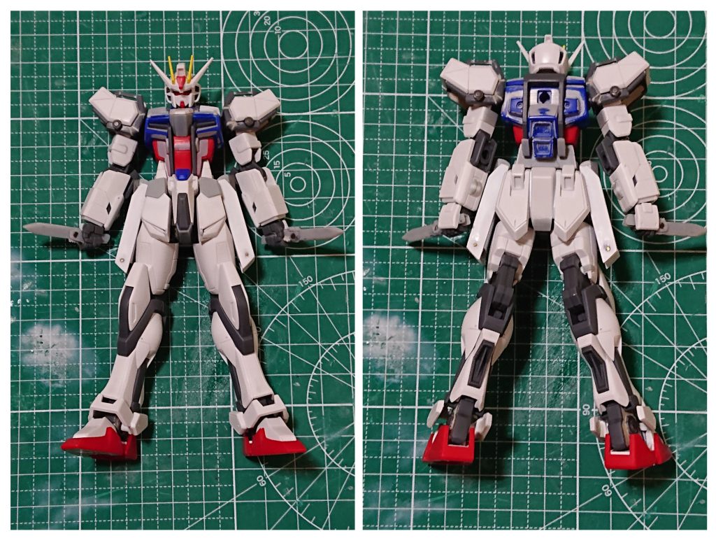 作成中、筋彫りやら何やらしたところ、胸や腹のパーツが粉砕、フロントアーマーも削り過ぎて破壊プラ板やプラ棒を駆使して何とか原型に近い形まで復活させました手に持っているのはアーマーシュナイダー試作1号(包丁にしか見えません)サイドアーマーが大きくなったため、ふんどしを2.5mm延長し足の位置を下げています