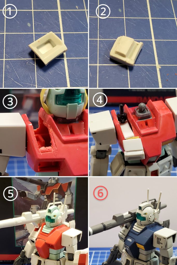 こちらが最大のポイントとなる右肩口の開口改修の流れです👍️✨技量により色々やり方はあるかと思いますが、今の私にはこれが限界でした~🤭💦①まずは胸のダクト部分のパーツを切り出し✂️ジム本体のダクト部分に合わせられる大きさに整えました🎵②ダクトパーツの裏側をジム本体にハマるよう整形手術🍴これによりダクト部分の安定した装着を確保~👮♂️🚨③次にキャノン砲が入れる大きさに合わせて肩を開口🎶ザックリですが削り過ぎないよう確認しながら削っていきました✂️✨④開口部分にキャノン砲の台座となるプラ板を整えて装着❗1㎜プラ板を二重にして底面を構築🔧そしてピンバイスで穴を開け、キャノン可動用のポールジョイントを組み込みました😎✨そして肩口とダクト部分の間を補うためプラ板1.2㎜を形状調整して貼りつけです😆⑤肩周りもプラ棒で装甲面が均一の高さになるよう調整して、次にキャノン砲を接続~👍️✨こうしてキャノン砲を組み込みました😎✌️⑥そして塗装を施し完成となりました~🤩✨完全再現のモデラーさんの作品に比べれば見劣りするかと思いますが、自分が思っていた以上にまとまったので大変満足いたしました🙏❇️