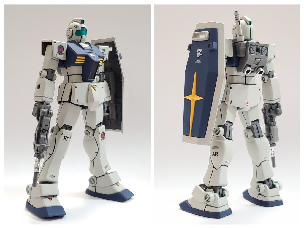 こちらは今回のオーストラリア戦線を描く上で、どうしても必要となる僚機‼️同じカラーリングの通常のジムを用意しなければならなかったので…新規で同カラーリングのジムを大急ぎで簡単製作いたしました🤭🎶無調整のどノーマルジムですが、足首とコクピット部分にはスジ彫りを加えてます🙌