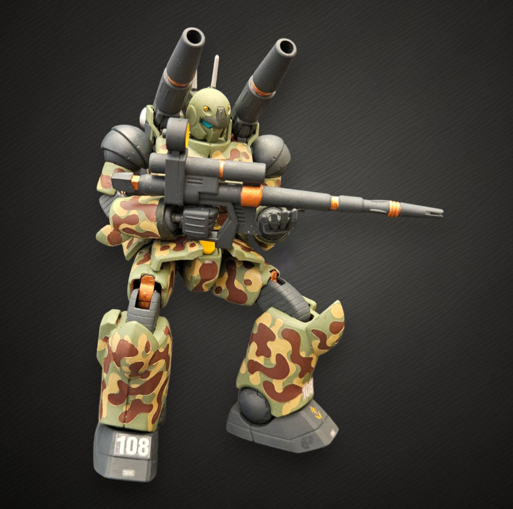 中腰でビームライフルを構えて