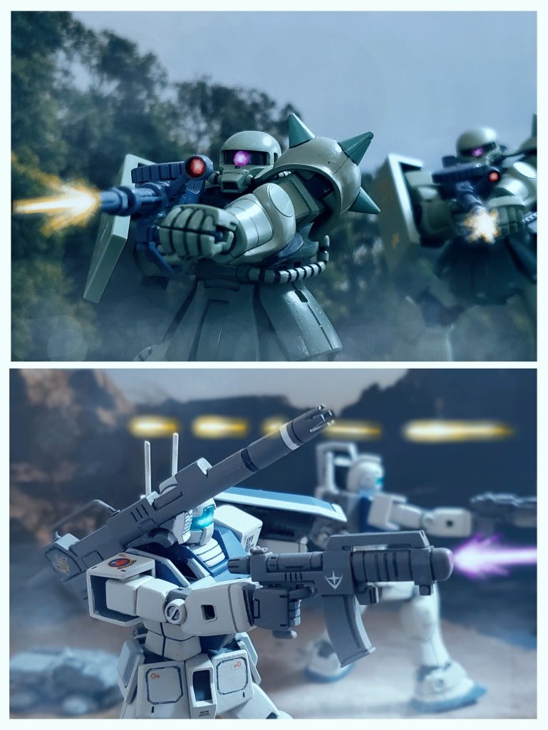 各員が戦闘態勢に入った瞬間❗連邦部隊を取り囲むように現れるザク部隊💦暗闇と立ち込める霧の中、峡谷密林地帯で激しい銃撃戦が開始された💥アニタ軍曹は必死でザクの位置を探りながら、その情報をバックスとカレントらに伝える⚡通信機から聞こえるアニタ軍曹の声を聴きながらバックス中尉は各機に素早く指示を伝達❗各々に闇夜で目視できない敵機に攻撃を繰り出し応戦する👊✨