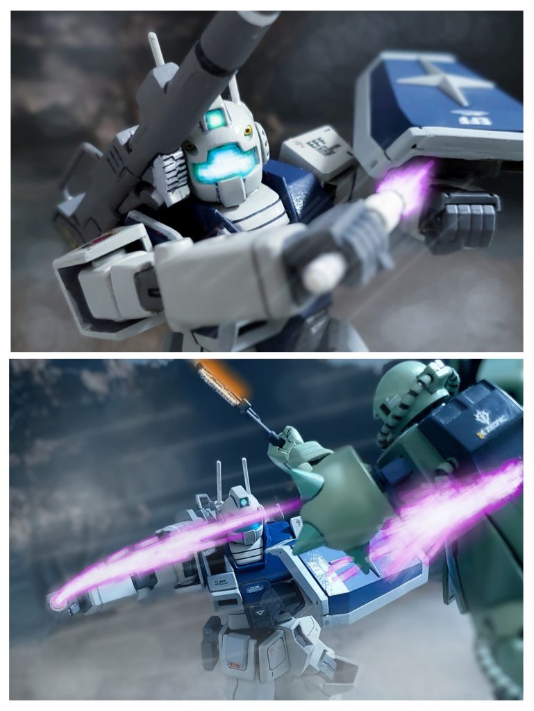 至近距離で射撃では間に合わないと咄嗟に判断したバックス中尉は、ビームスプレーガンを投げ捨て振り向き様にハーフシールドから素早くビームサーベルを抜く…⚔️✴️ジムキャノンのビームサーペルは落下してくるザクに深く刺さり、真一文字に振り抜き両断‼️バックス中尉は間一髪のところでザクの撃破に成功したのである👍️