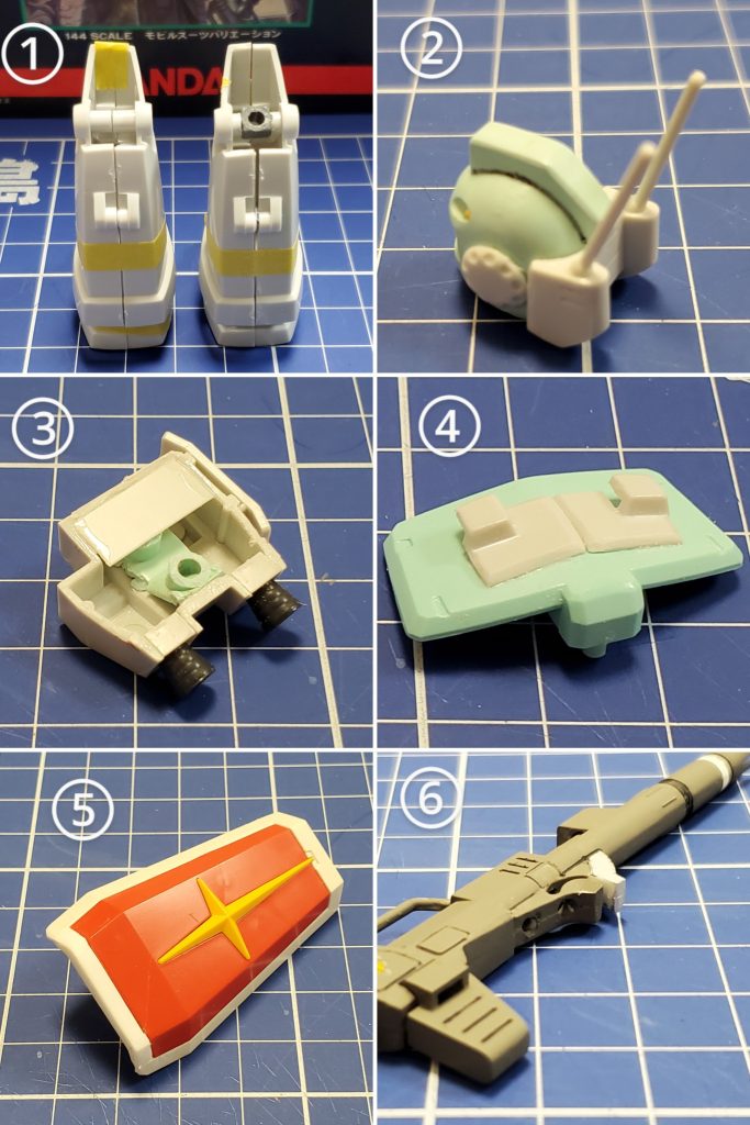 今回、色々と手掛けたつもりなので、ここから今回の改修ポイントのコーナー~🤩🎵①膝から足首ふくらはぎまでは旧キットのパーツをそのまま移植🎶膝軸にはポリキャプ入れて太ももパーツと接続出来るよう改修しました🦵✨②頭部の改修に必要なのは耳当てと後頭部パーツとそれに付くアンテナ2本‼️HGUCの頭部形状に合わせ接着面を整えました🎵またアンテナはピンバイスで穴を開け差し込み方式✨これによりアンテナは可動する事も出来るものとなりました😎👍️③バックパックを背中に付ける方法を悩みましたが…中にHGUCのバックパックの接続部分のパーツを切り取り仕込みました😊🎶バーニアはディテールアップのために追加してます👍️④こちらも欠かす事の出来ないキャノン砲のマガジンマウント❗旧キットのマウントパーツをある程度の大きさで切り取り✂️接着しました😆⑤今回の追加装備となるハーフシールド🛡️🎶キャノンタイプには取り回しの良い小さめの盾の方がいいと考え🤔、ノーマルシールドを切断し短くしました✨内側にはビームサーベルを1本仕込みたかったので、装着用のパーツも加えてます🙌⑥キャノン砲のディテール構築と接続方法は下記で説明させて頂きますが、接続部分に2ヶ所ピンバイスで穴を開けました🎵2ヶ所用意した事で前後可動↔️と上下可動↕️の雰囲気を再現しております😎✌️