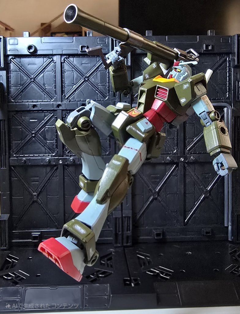 先程と同じようなポージング。コクピットの開閉部分や、ヘリウムコアの色が資料によって違うんですよね。黄色だったり、赤だったり、本体のメインカラーと同じだったり。特にヘリウムコアは3種類くらいあって、赤だったり黄色だったり...はたまた太腿と同じ色だったり。最初は赤にしてましたが、上半身の赤と被ってボヤけるというかクドい印象になったので、グレーに変更。