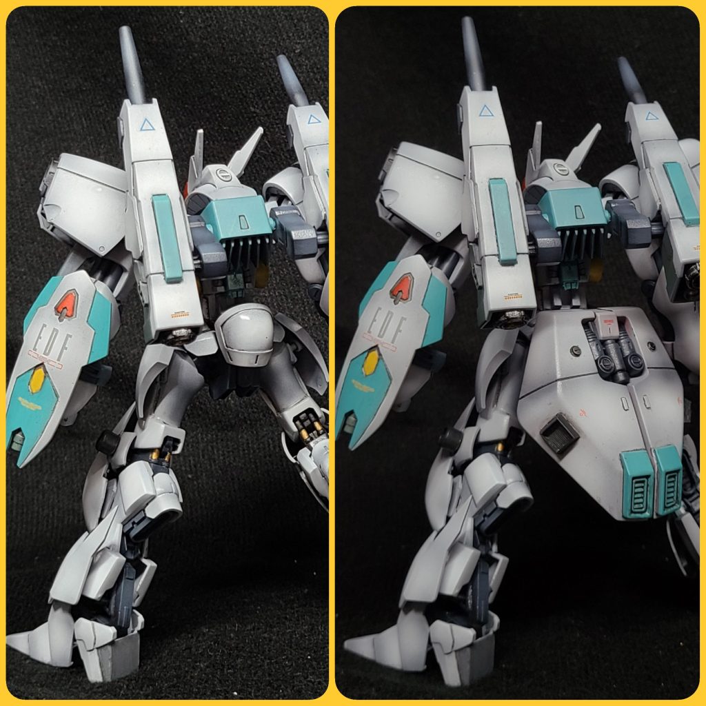 お尻は、よりオーガン風のノーマルバージョン(バイアランのサイドアーマー)と、高機動バージョン(サザビーのリアアーマー)を用意。シールドはガルバルディリベイクのものを使用してます。背面のショートキャノンはバイアランカスタム2号機のものを短くして使っています。