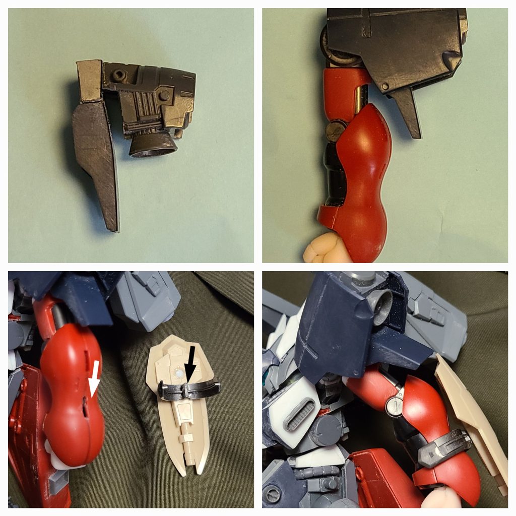 バイアランの脇?部分を肩アーマーとし、サザビーの腕を接続するための加工を施しています。二の腕ガードは、バイアランのバックパックのスラスターに付いている、開閉するフラップを使用してます。これを取り付けることによってシールドが干渉してしまうので、取り付け穴を下方にずらして新たに開口しました。