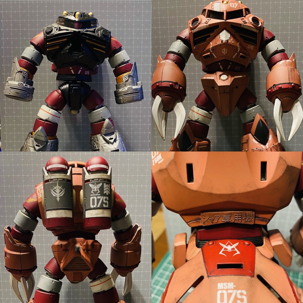 制作ですが余剰パーツ、プラ板やプラ棒、デカール、ウェザリングなどで筋彫り、塗装の下手さをごまかしてます💦なぜかシャア専用機ってランナーが気になってこっそりと貼ってしまいました(悪いクセが…)。