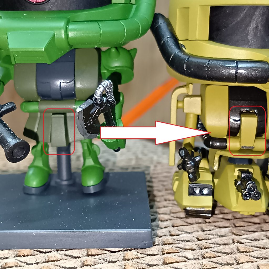 胸のコクピットハッチ？は、元キットの股間部分をひっくり返してつけています。腰のパイプ取り付け部分と、胸を切り取ってはめ込んでいます。