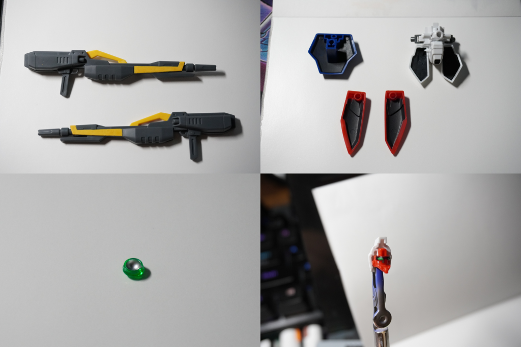 左上:コピックアクレアは隠ぺい力が高いのでグレーの上に黄色がしっかりと発色します。画像は数度塗り重ね済み右上:スカートの裏を黒く塗りつぶすとちら見えしたときのチープ感がなくなるのでお勧めです。左下:胸部中央のクリアグリーンパーツの裏からシルバーを塗ると疑似的にキャンディ塗装のような仕上がりになります右下:ツインアイ部分をシタデルで塗ってみましたが、色が暗かったのでボツにし、トップコートまで作業終了後、数年ぶりに付属のシールを使いました。(画像はボツの塗装状態)シールはアイ部分の周りを爪楊枝でなぞることで立体感が出てGOODでした。シールサイコー