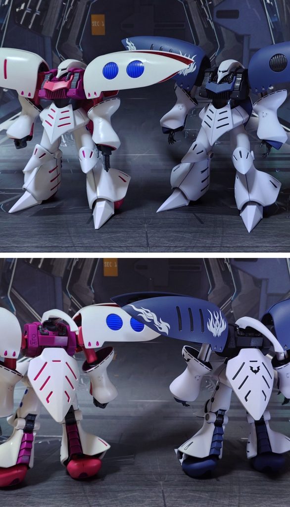 ガンダムマーカー素組みのHGUCキュベレイ(REVIVE版)との比較。■塗装レシピ白:パーツ裏側に黒サフ→パーツ表側にグレーサフ→パープルヘイズ→つや消し青:黒サフ→アマゾンブルー→つや消し濃青:黒サフ→ダークブルー→つや消しスリット・関節等グレー:黒サフ→MSグレー連邦系→光沢バインダージョイント類黒:黒サフポリキャップ:PPプライマー→(各色)ビームサーベル刃エフェクト:先端側にクリアイエロー→根元側にベースホワイト→全体に蛍光イエロー頭部ツインアイ:キット付属シールを使用その他部分塗装、墨入れ:ガンダムマーカー各種→つや消し