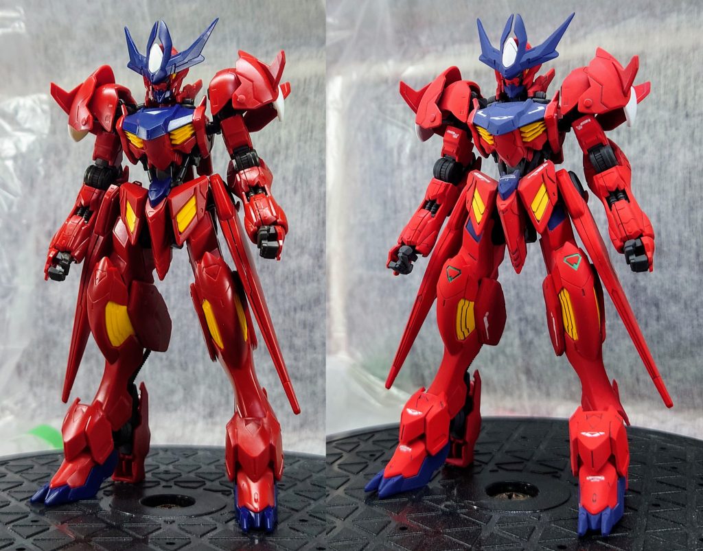 仮組(左)塗装後(右)比較して思ったのですがこの機体はギラッとしたメタリックがかなり映えますね。最初の販売がメタリックでしたし仮組段階でも頭をよぎったのですがいつも通り作ってしましました。