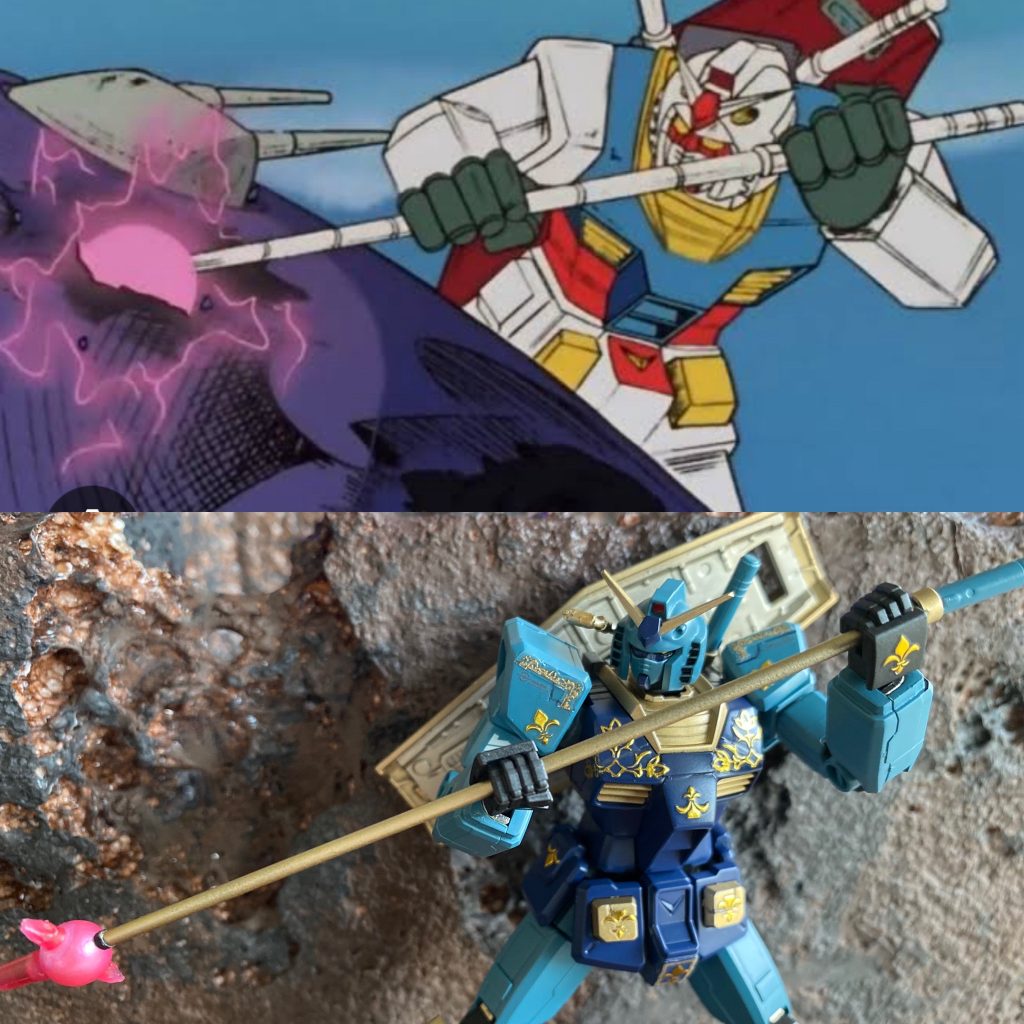 集音マイク、スーパーナパームとくればビームジャベリン笑。プラ棒、100均ビーズ、余剰ビームサーベルで作ってみました。やはり金色。