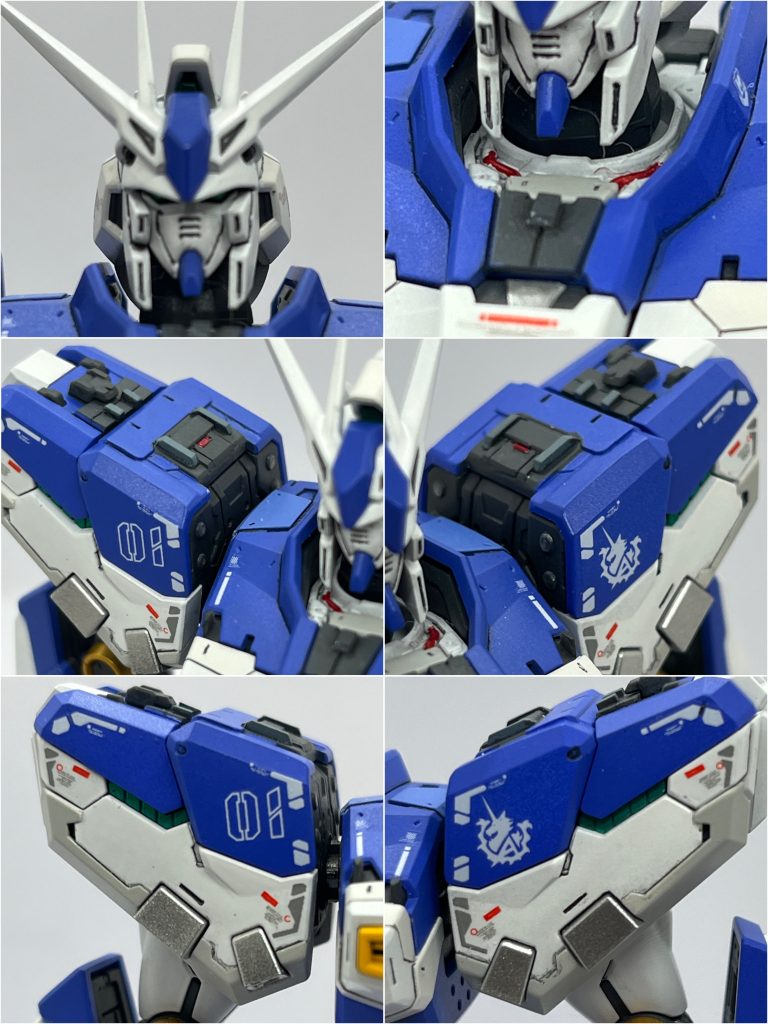 胸部、肩部は特に重点的に改修しました。プラ板、プラ棒によるメカディテールですが、満足の行く仕上がりになったと思ってます。外装からちら見えする箇所はサイコフレームを意識してメタリックグリーンで塗装しました。