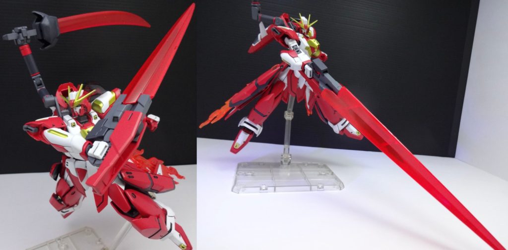 好奇心あるメカ屋とは色々機能を加えるもの(偏見)。この陽炎は戦友から提供された装備をあれこれ改造したものという設定となっています。射撃時は呪いの効果が適用されない背中のアームが基本。これで手持ち射撃が期待できないパイロットさんも安心!剣身を折りたたんだ通常モード(写し忘れすまぬ…)と、展開した高出力モードが使えます。両モードで拡散収束の切替可。手で持ったときも拡散で面制圧しての数撃ちゃ当たる、がなんとかできるように。格闘時は刃を展開した状態で剣として使用。刃もオオトリに合わせて赤となっています。エネルギー供給量を上げればメガ・ビーム・ソード、更にリミッターを解除してハイパー・ビーム・ソード化します。グリップ近くに放熱装置があり、上に上げると放熱口、といったギミックも入れました。グリップは角度を変えることも可能です。