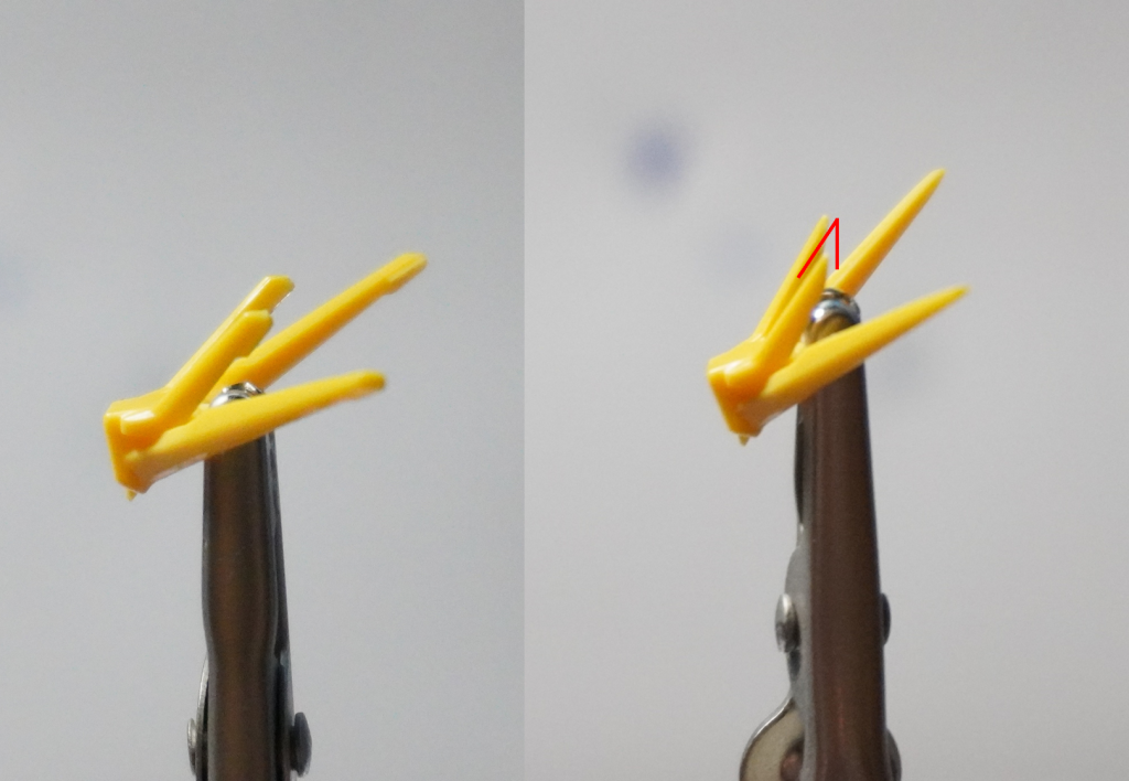 ①アンテナの鋭利化HG・EGのガンプラはアンテナに「安全フラッグ」と呼ばれるもっさりした部分があります。まず左の写真のように少しフラッグを残してニッパーで切除し、あとはヤスリで整えます。ヤスリの使い方は省略していますが、今回やったのはざっくりと「金属棒ヤスリ → 耐水紙ヤスリ600」くらいだったと思います。私の好みですが、こういった4本角アンテナの場合、上に向くアンテナは右の写真赤線のような角度に調整するとかっこいいと感じます。